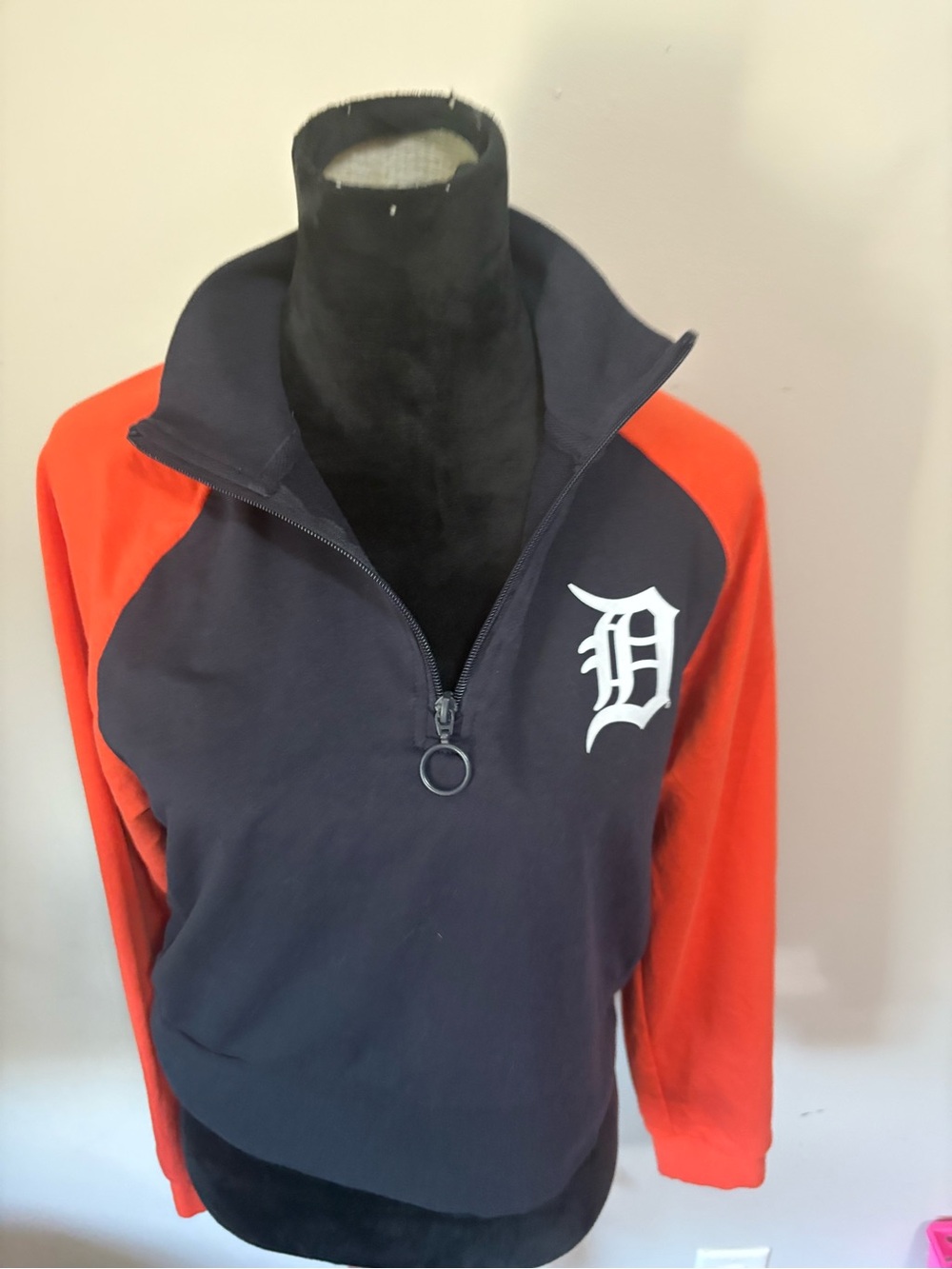 Navy and Orange Quarter-Zip Pullover with White D Logo (Detroit Tigers)